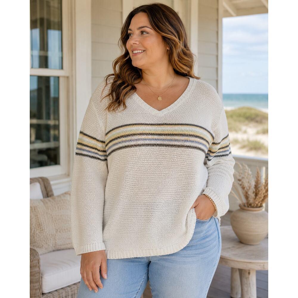 CJ Banks 2X PlusSize Ramie Cotton Open Knit V Neck Sweater Cream Striped Coastal